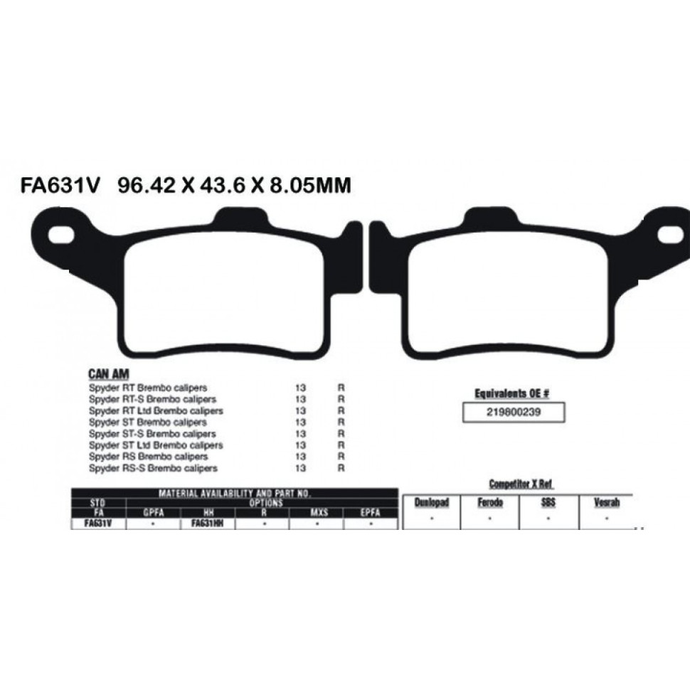 Тормозные колодки задние синтетический состав Can-Am Spyder 2013+ 219800239 /FA631HH /FA631O FA631O