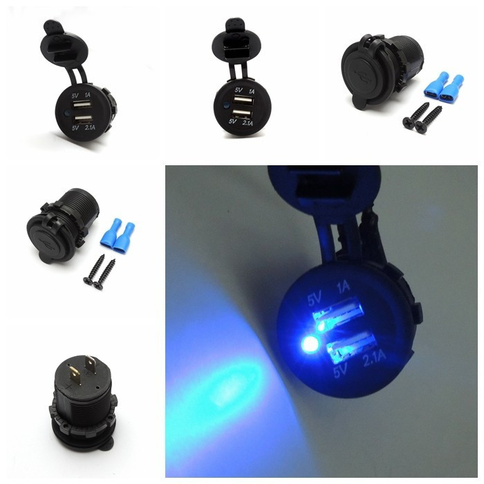 Прикуриватель USB 1А и 2,1А синяя подсветка Kemimoto FTVCC001