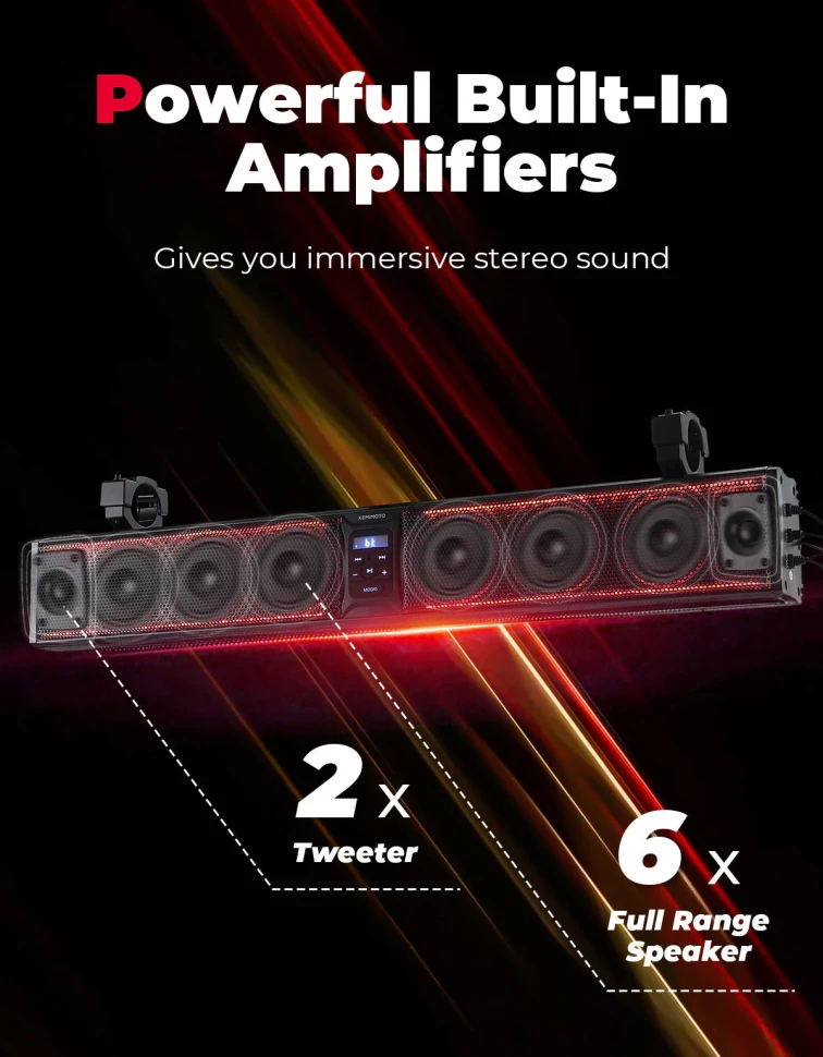 Аудиосистема саундбар для квадроцикла UTV лодки 8 Speaker 33'' RGB B0117-03006-BK крепление под трубу 1.75''-2.25''