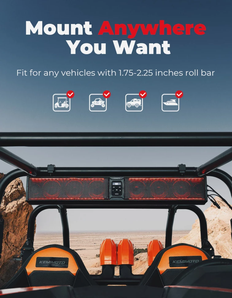 Аудиосистема саундбар для квадроцикла UTV лодки 8 Speaker 33'' RGB B0117-03006-BK крепление под трубу 1.75''-2.25''