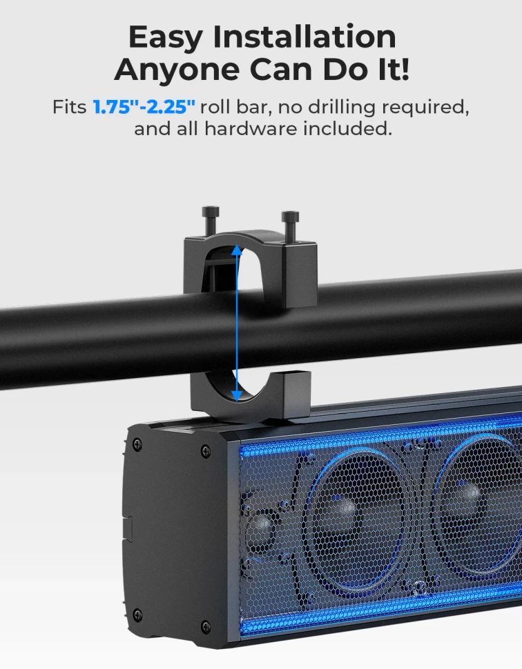 Аудиосистема саундбар для квадроцикла UTV лодки 6 Speaker 26 Inch RGB B0117-03004-BK крепление под трубу 1.75''-2.25''