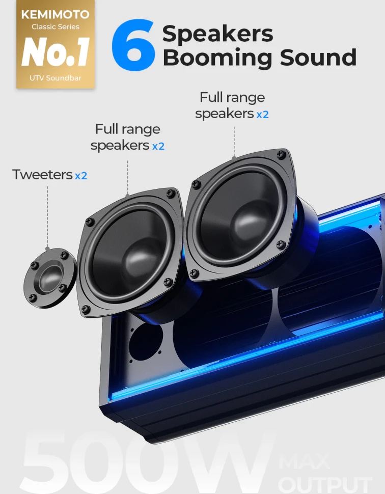 Аудиосистема саундбар для квадроцикла UTV лодки 6 Speaker 26 Inch RGB B0117-03004-BK крепление под трубу 1.75''-2.25''