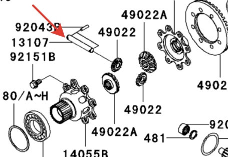 Вал сателлитов переднего редуктора Kawasaki BruteForce KVF750 /KVF650 13107-1447 /13107-0123 13107-0123