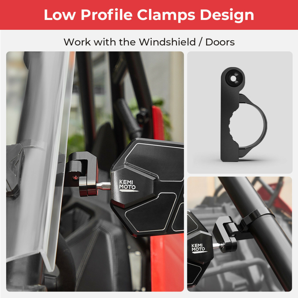 Зеркала универсальные Kemimoto Premium для 1.6-2" каркаса с доп. креплением для установки на двери и штатное место CanAm Defender 715002459 B0106-05901BK