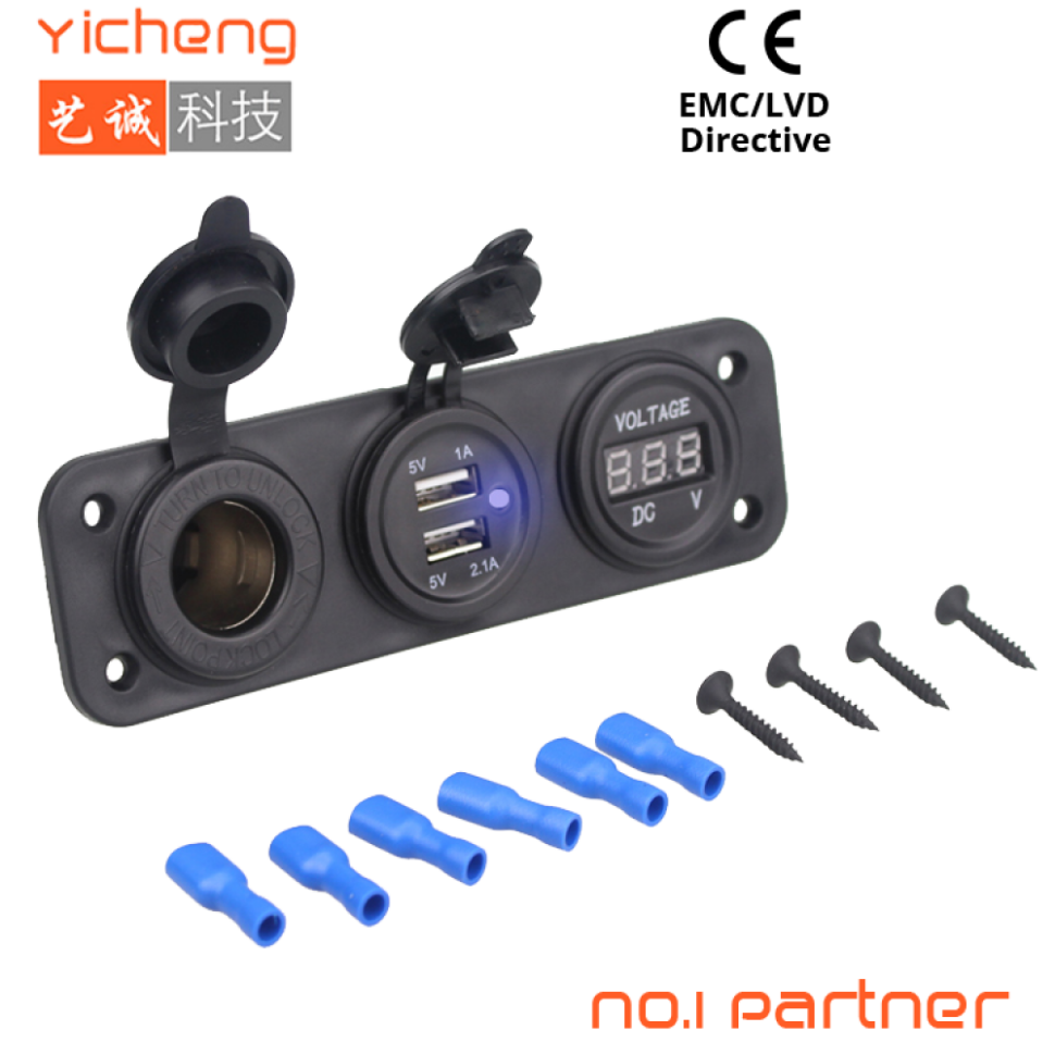 Влагозащитная встраиваемая панель с прикуривателем, USB и вольтметром TSK YC-A09 /80127-2606 YC-A09
